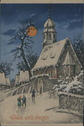Winter Church Scene Glück und Segen Postcard