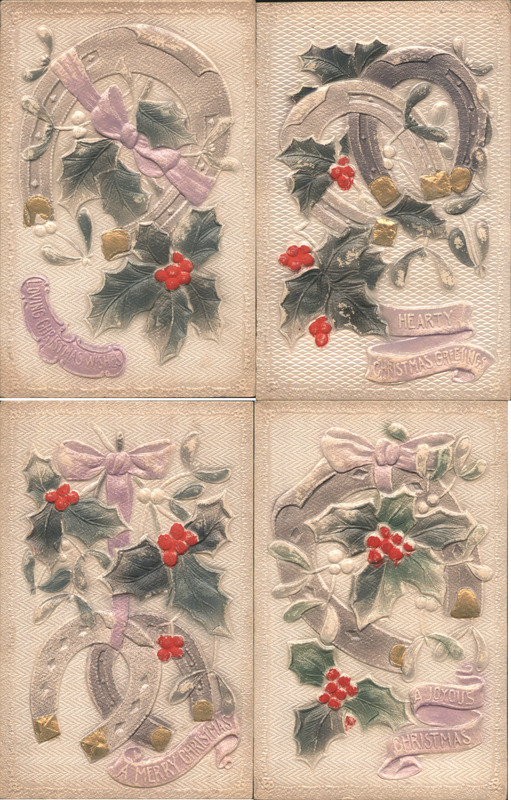 Set of 4: Christmas Wishes, Horseshoe, Holly, Mistletoe Embossed Airbrushed