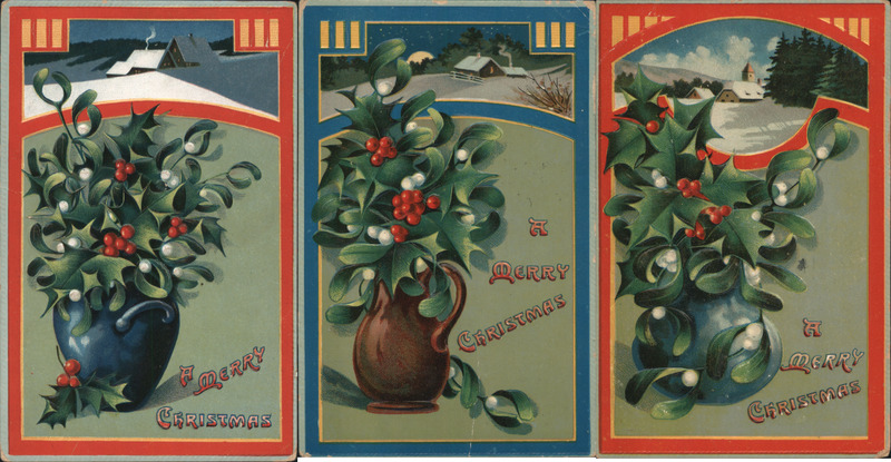 Set of 3: Merry Christmas Holly & Mistletoe in Vases