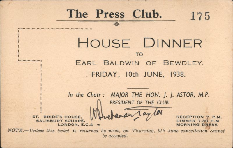 The Press Club House Dinner for Earl Baldwin of Bewdley, London 1938 United Kingdom
