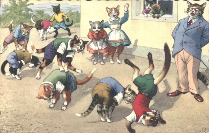 Anthropomorphic Cats Playing with Adult Cats Watching