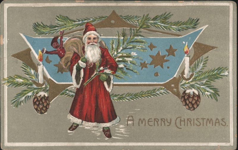 Santa Claus with Elf, Christmas Tree Branches & Candles