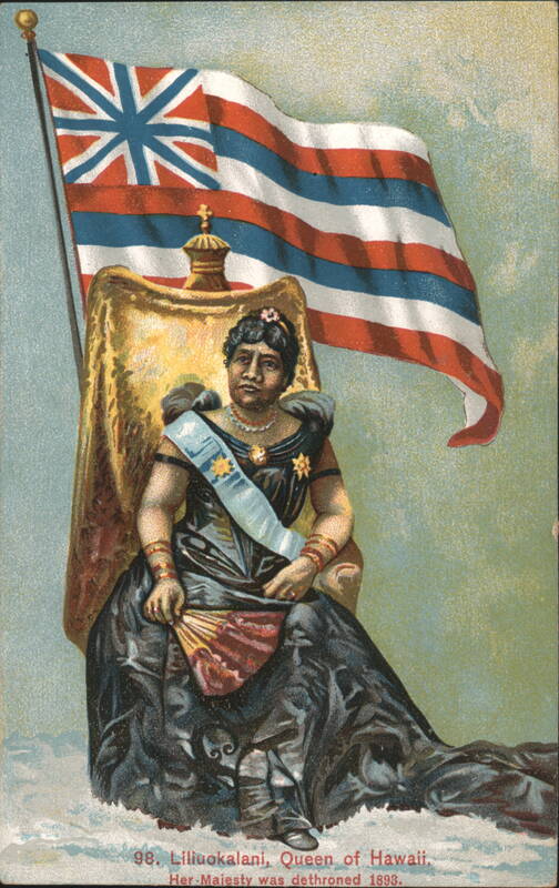 Queen Liliuokalani of Hawaii on Throne with Hawaiian Flag, Dethroned 1893