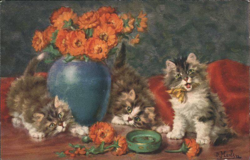 Three Kittens with Orange Flowers and Blue Vase D. Merlin