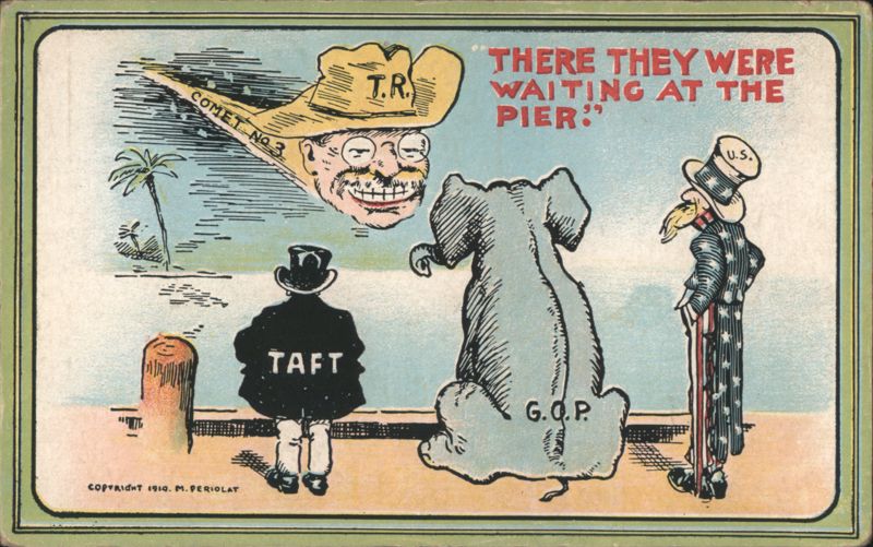 Political Cartoon: TR Comet, Taft, GOP Elephant & Uncle Sam at Pier