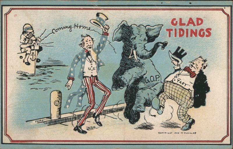 Glad Tidings Political Cartoon with Uncle Sam, GOP Elephant, and Taft