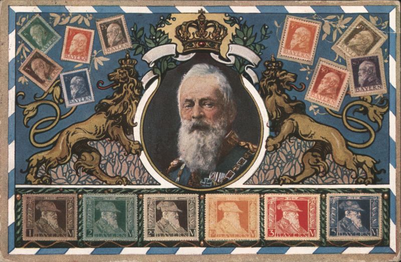 King Ludwig III of Bavaria Portrait with Bavarian Postage Stamps