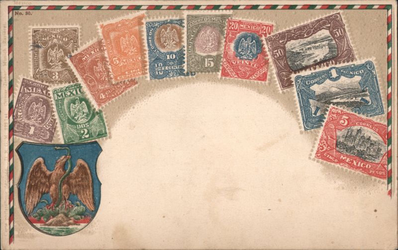 Mexican Postage Stamps Montage with Coat of Arms, Philatelic Card No. 30 Mexico