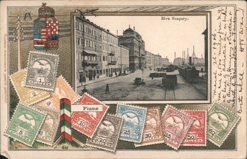 Riva Szapary Street View, Fiume, with Postage Stamp Collage Hungary