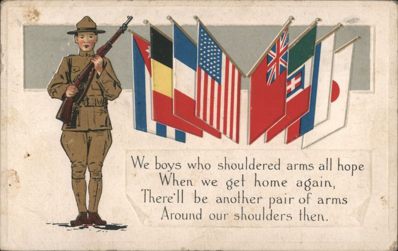 WWI Soldier with Allied Flags and Homecoming Poem World War I