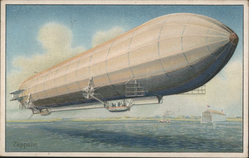 Zeppelin Airship Flying Over Water with Gondolas and Propellers