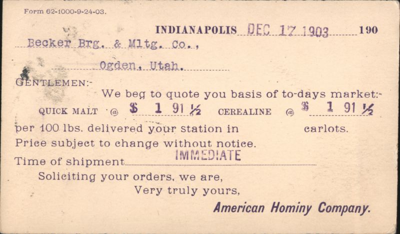 American Hominy Co. Quote for Quick Malt & Cerealine to Becker Brg. & Mltg. Indianapolis