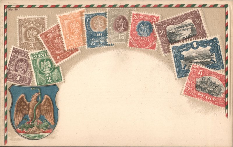 Mexican Postage Stamps and National Coat of Arms Stamp Postcards