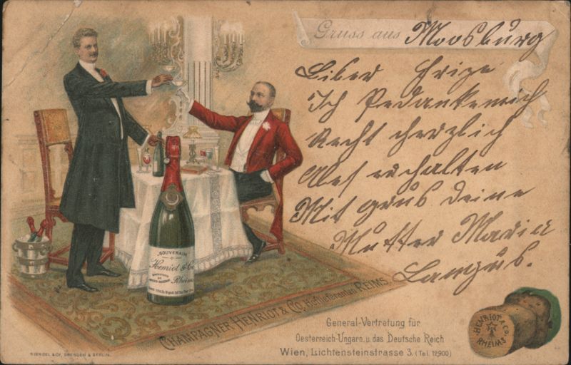 Henriot Champagne Advertising with Two Men Drinking