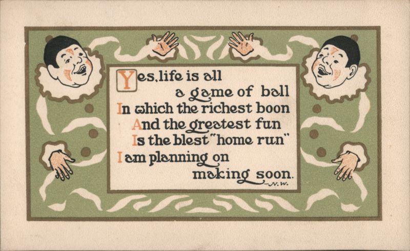 Life is a Game of Ball, Home Run Poem, Humorous Figures, J.V.W. Art