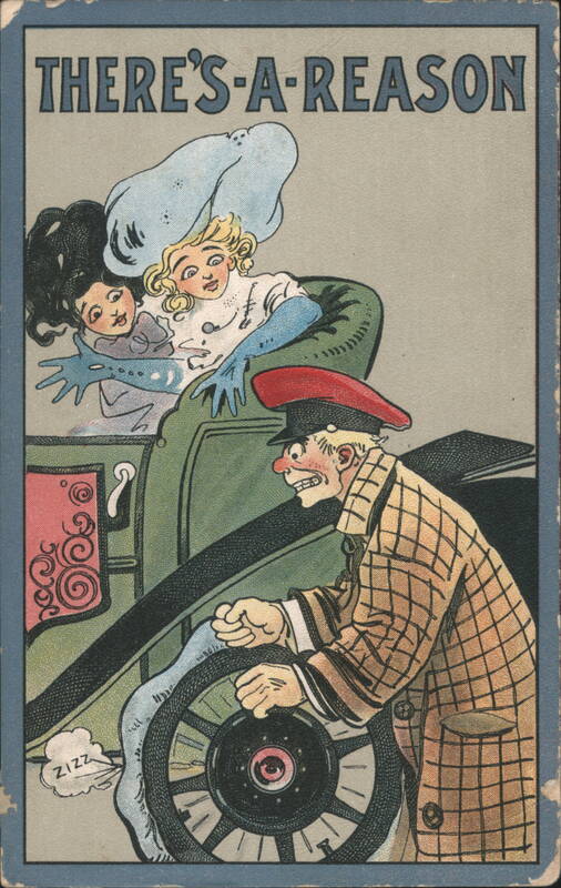 Comic Illustration: Driver Angry at Car Wheel, Flat Tire