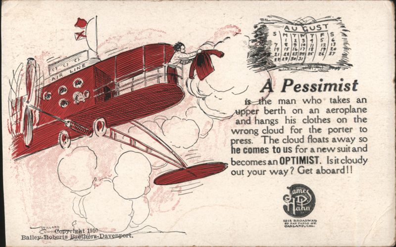Early Airplane Humor, Man Hanging Clothes on Cloud, James P. Hahn Suits Ad Oakland California