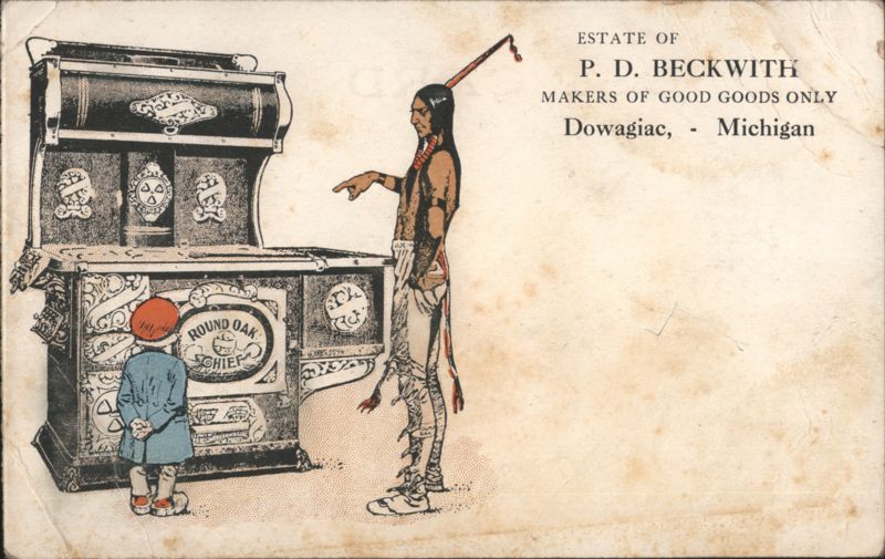 P.D. Beckwith Round Oak Chief Stove Advertising, Native American Man, Child Dowagiac Michigan
