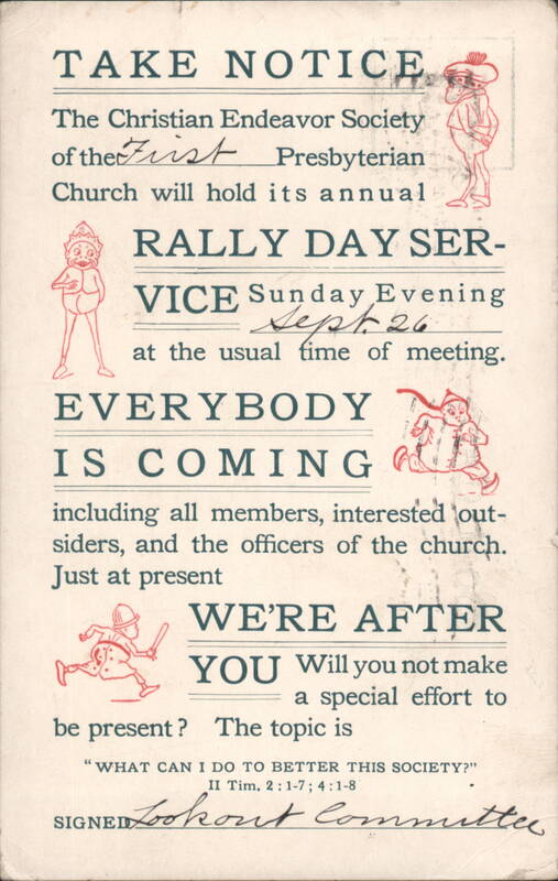First Presbyterian Church Christian Endeavor Society Rally Day Service Announcement