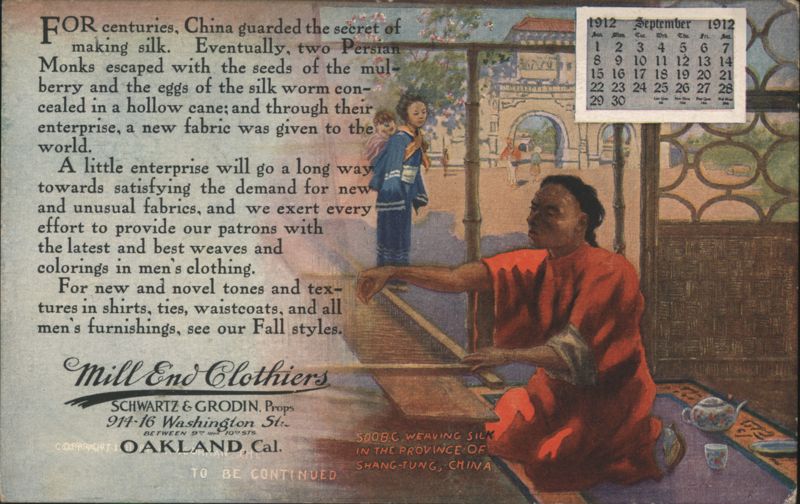 Mill End Clothiers Silk Weaving Advertisement, Oakland, California Chinese