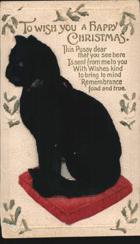 Black Cat on Red Cushion Christmas Greeting Cats