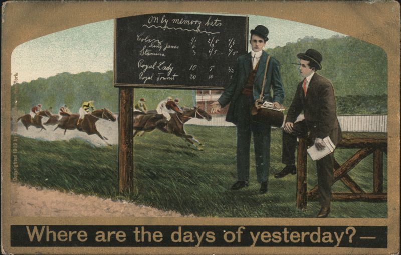 Horse Racing Track with Men, Blackboard, and Nostalgic Caption