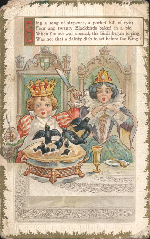 Sing a Song of Sixpence Nursery Rhyme with King, Queen, and Blackbirds in a Pie