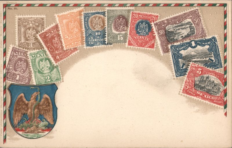 Mexican Postage Stamps Collage with National Coat of Arms Mexico