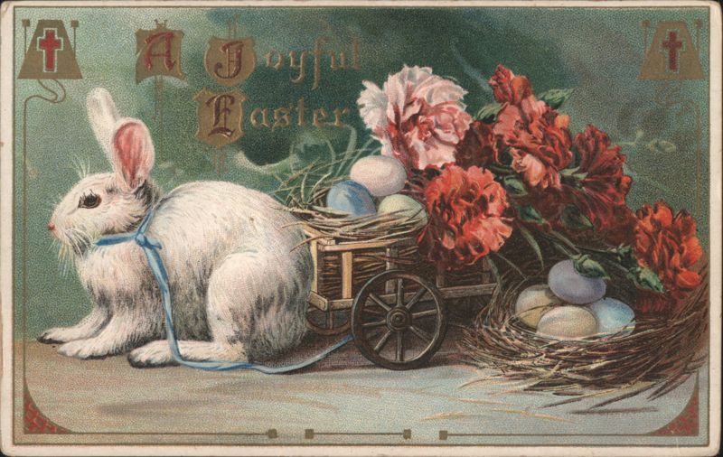 Easter Bunny with Cart of Eggs and Flowers, A Joyful Easter