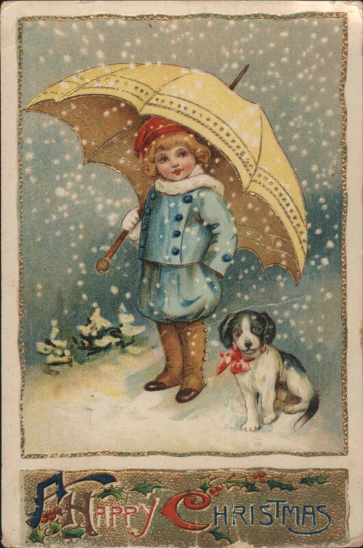 Child with Umbrella and Dog in Snow, Happy Christmas Greeting