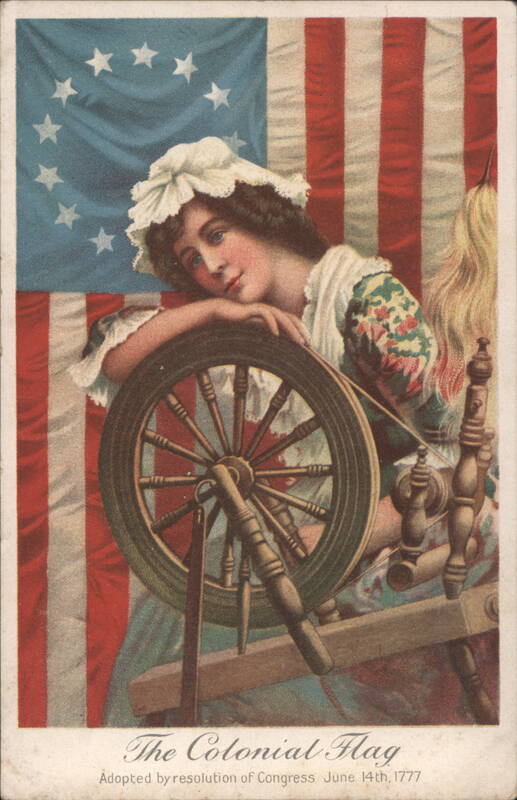 Colonial Woman at Spinning Wheel with Betsy Ross Flag Jersey City New Jersey