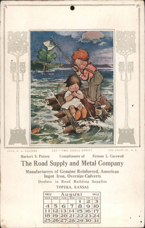 Two Souls Adrift Children on Raft, Road Supply & Metal Co. August 1912 Calendar Topeka Kansas