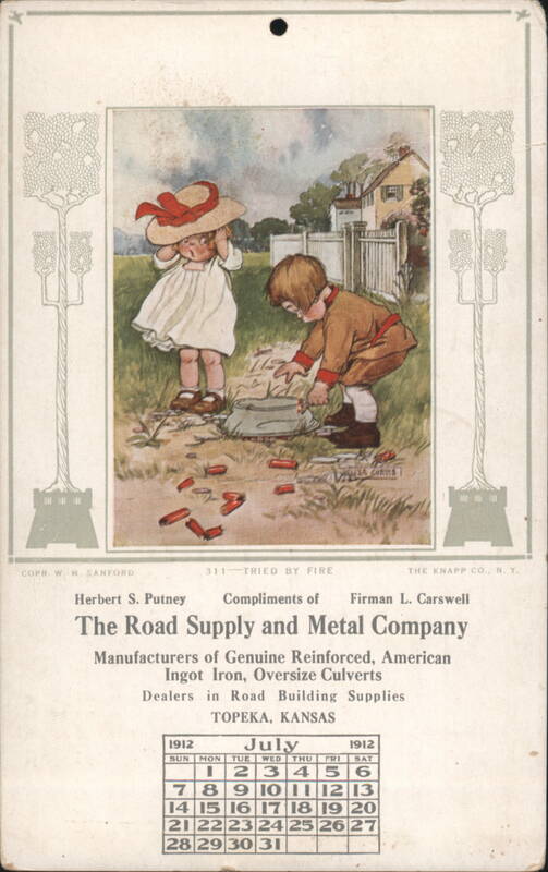 Children Playing with Firecrackers, Road Supply & Metal Company Advertising Topeka Kansas