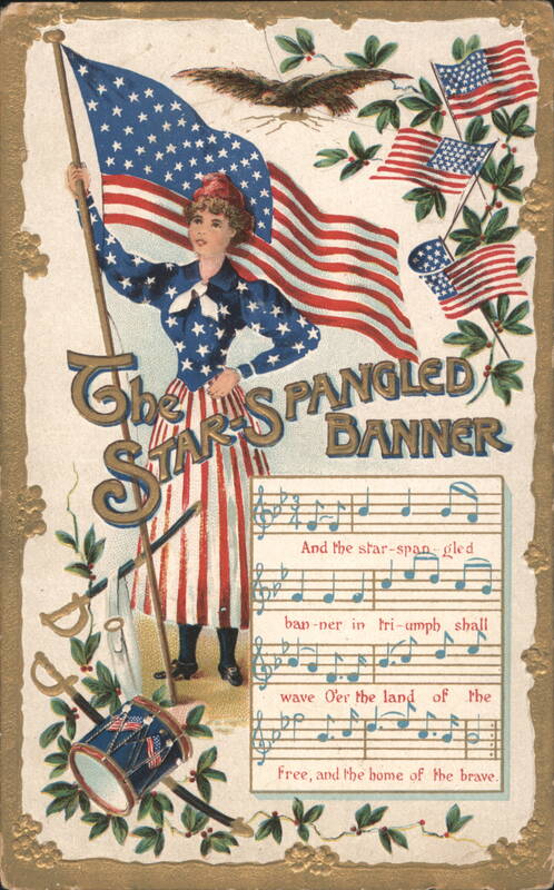 Patriotic Woman with American Flag and Star-Spangled Banner Lyrics