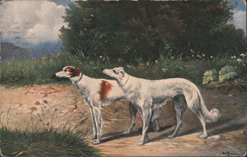 Two Borzoi Dogs in Landscape Painting by J. F. Herring