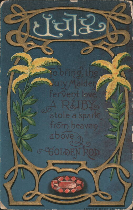 July Birth Month, Ruby Gemstone, Golden Rod Flowers, Art Nouveau Design
