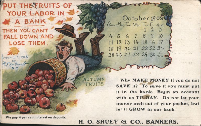 Man Spills Autumn Fruits, H. O. Shuey & Co. Bankers Advertising 1908 Calendar Seattle Washington
