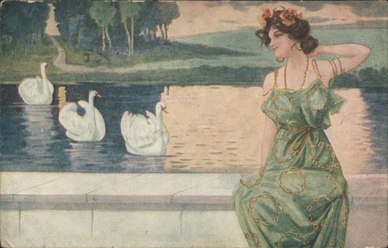 Woman in Green Dress with Swans on a Lake, Art Nouveau Style