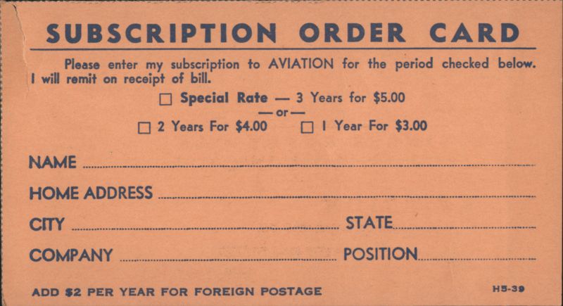 AVIATION Magazine Subscription Order Card - McGraw-Hill Publishing Co. New York