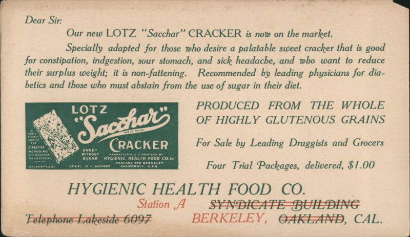 LOTZ Sacchar Cracker Advertisement, Hygienic Health Food Co. Berkeley, Oakland California