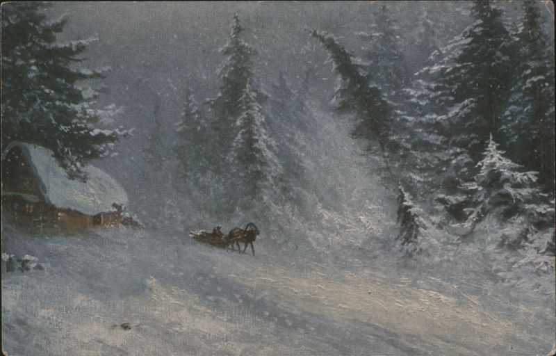Snowy Blizzard with Horse-Drawn Sleigh and Cabin in Winter Forest