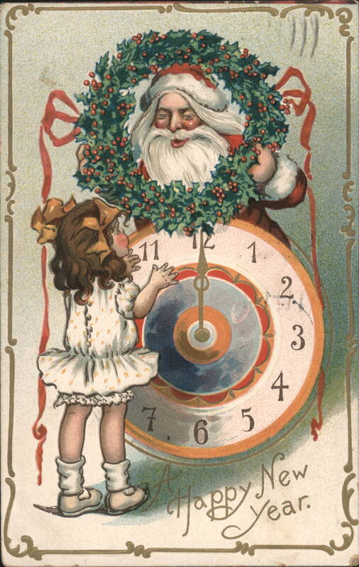 Santa Claus, Little Girl, and Clock for New Year's Greeting