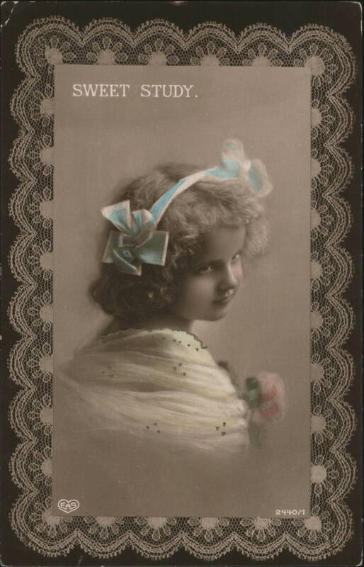 Sweet Study: Young Girl with Blue Bow and Rose Children