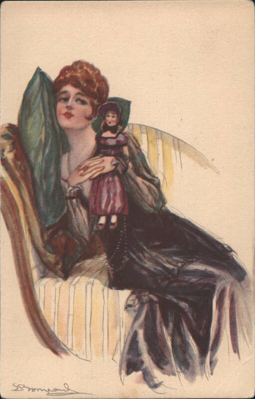 Art Nouveau Red-Haired Woman Holding Doll S. Bompard