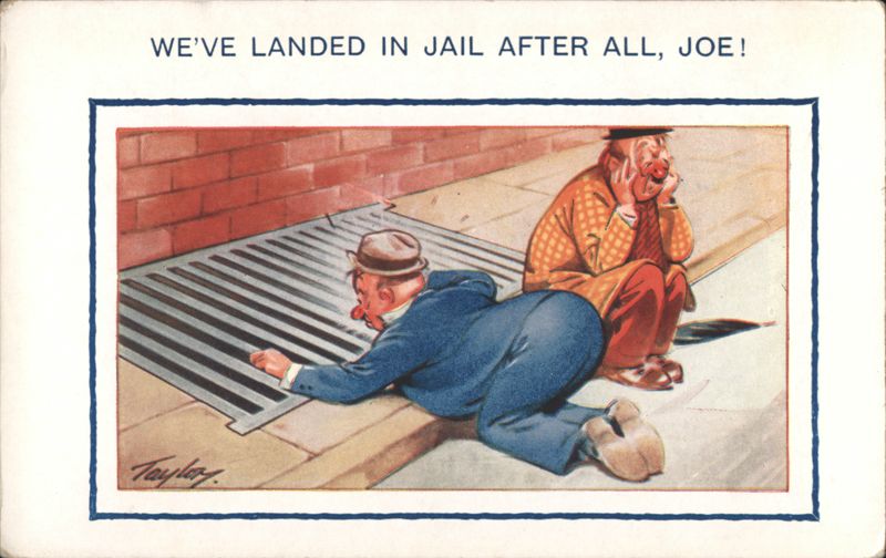 We've Landed in Jail After All, Joe! Comic Men Looking into Grate