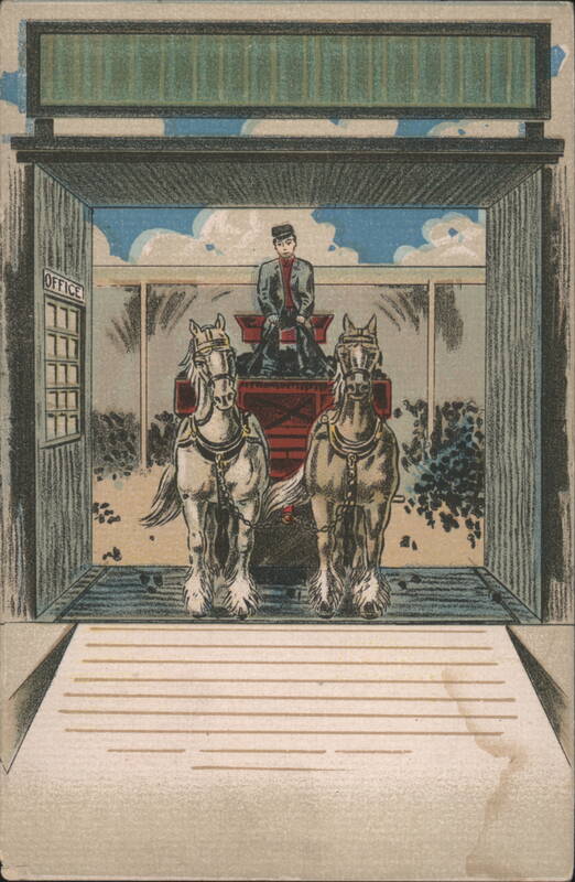 Man in Horse-Drawn Cart with Two Horses Exiting Office Building