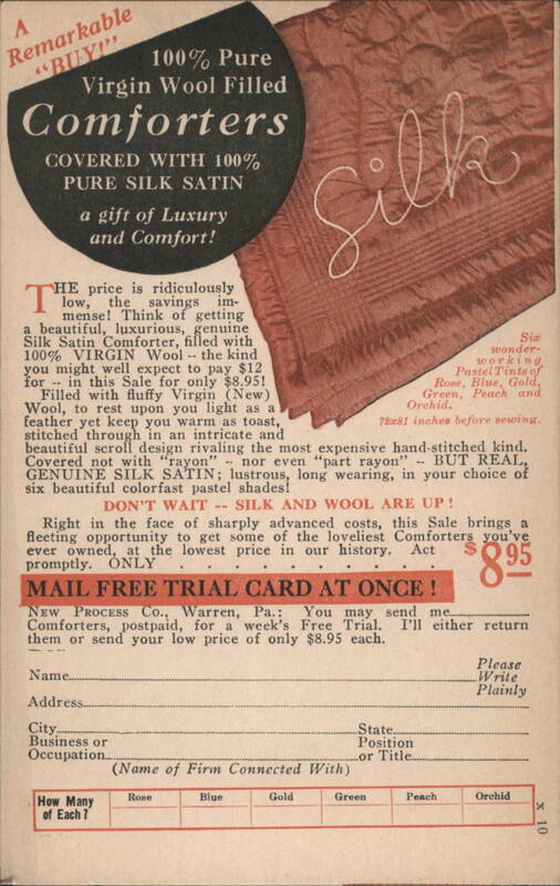 New Process Co. Silk Satin & Virgin Wool Comforters $8.95 Mail Order Ad Warren Pennsylvania