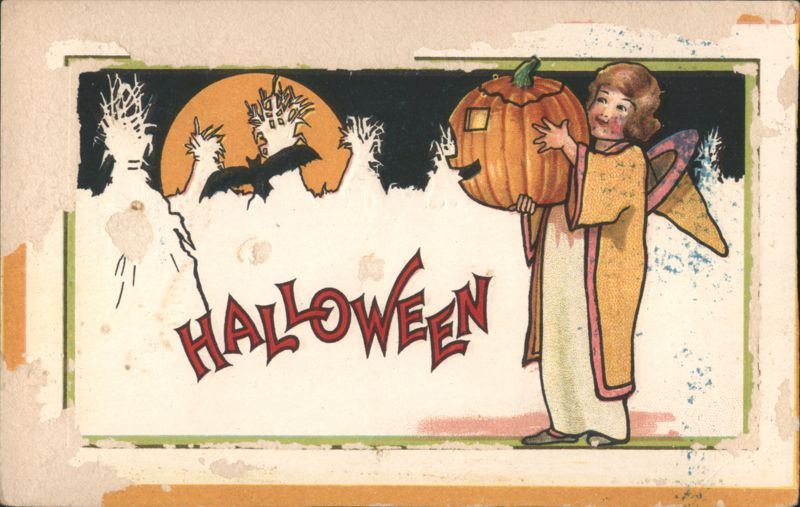 Halloween Girl with Jack-o'-Lantern, Bat, Moon & Haunted House