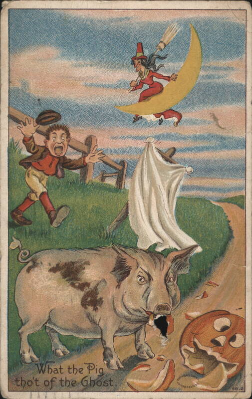 Halloween Witch on Moon, Scared Man, Ghost, Pig, Jack-o'-Lantern
