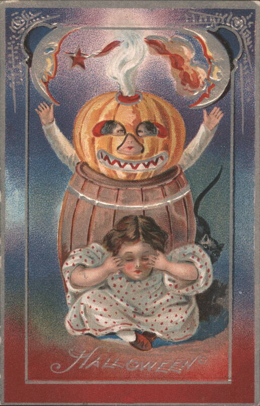 Halloween Girl and Barrel Pumpkin Man with Black Cat and Crescent Moon